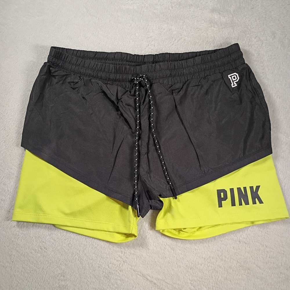 PINK Victoria’s Secret Neon Running Shorts Black Yellow Size M Athletic Gym